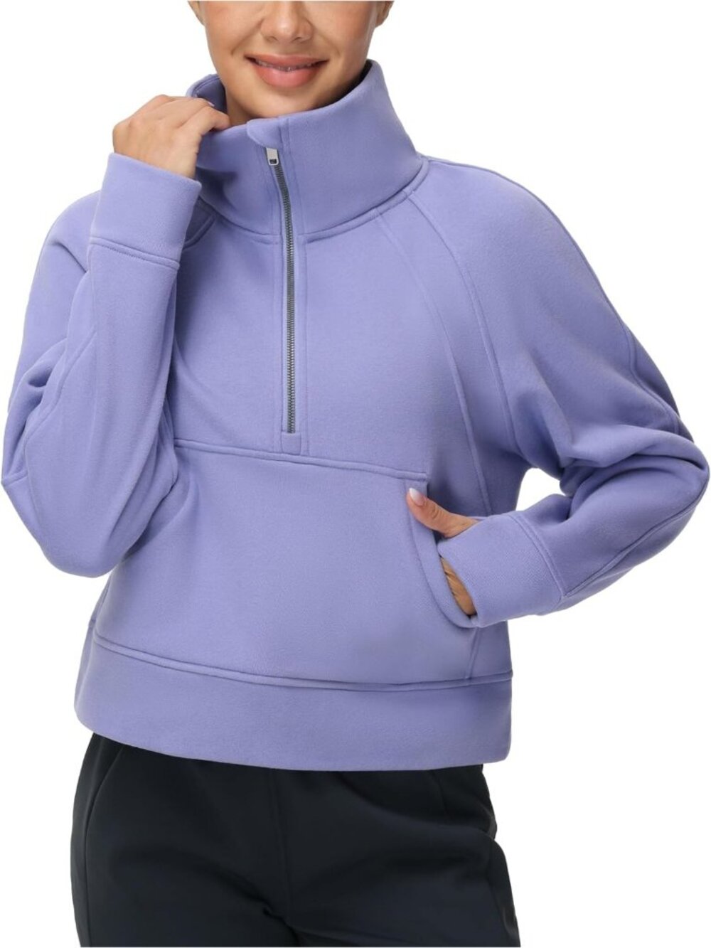 Women's Lavender Fleece Lined Stand Collar Half Zip Thumb Holes Crop Sweatshirt